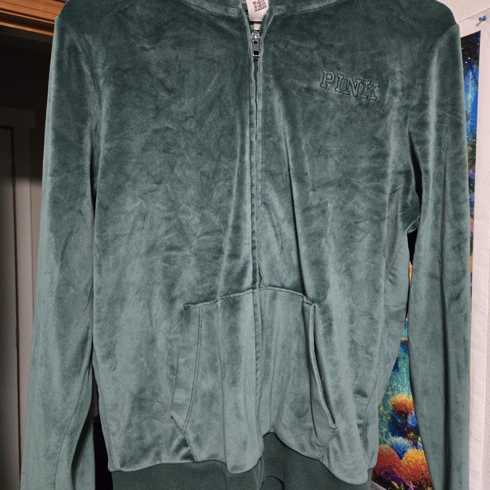 Victoria's Secret Pink Green Velour Zip Up Hoodie